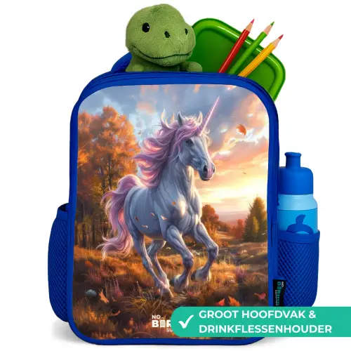 Galopperende Eenhoorn in Herfstwereld Kinderrugzak - Blauw middel -inhoud_NL