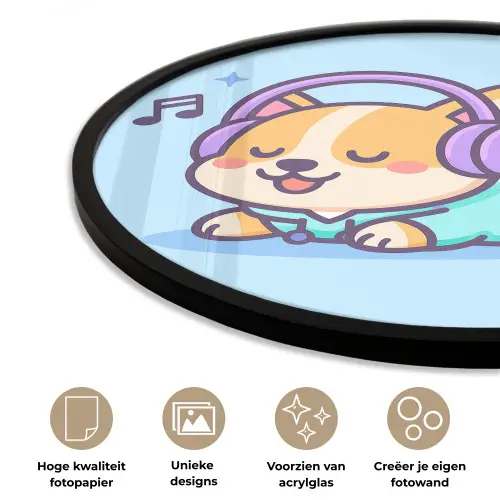 Corgi - Koptelefoon - Blauw - Muzieknoten Fotolijst rond zonder passe partout klein -closeup_NL