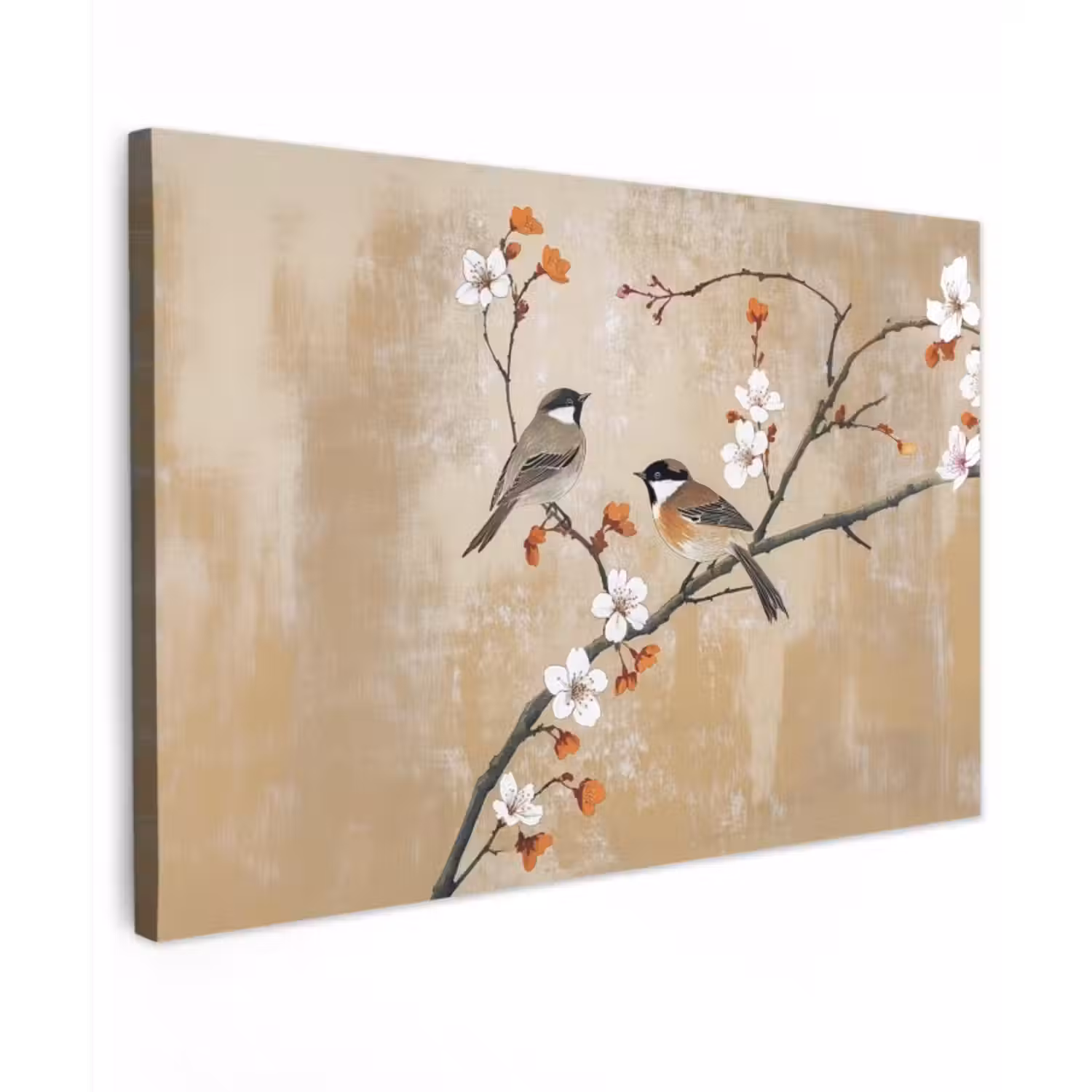Buiten canvas - Vogels - Bloesemtak - Bloemen - Oranje