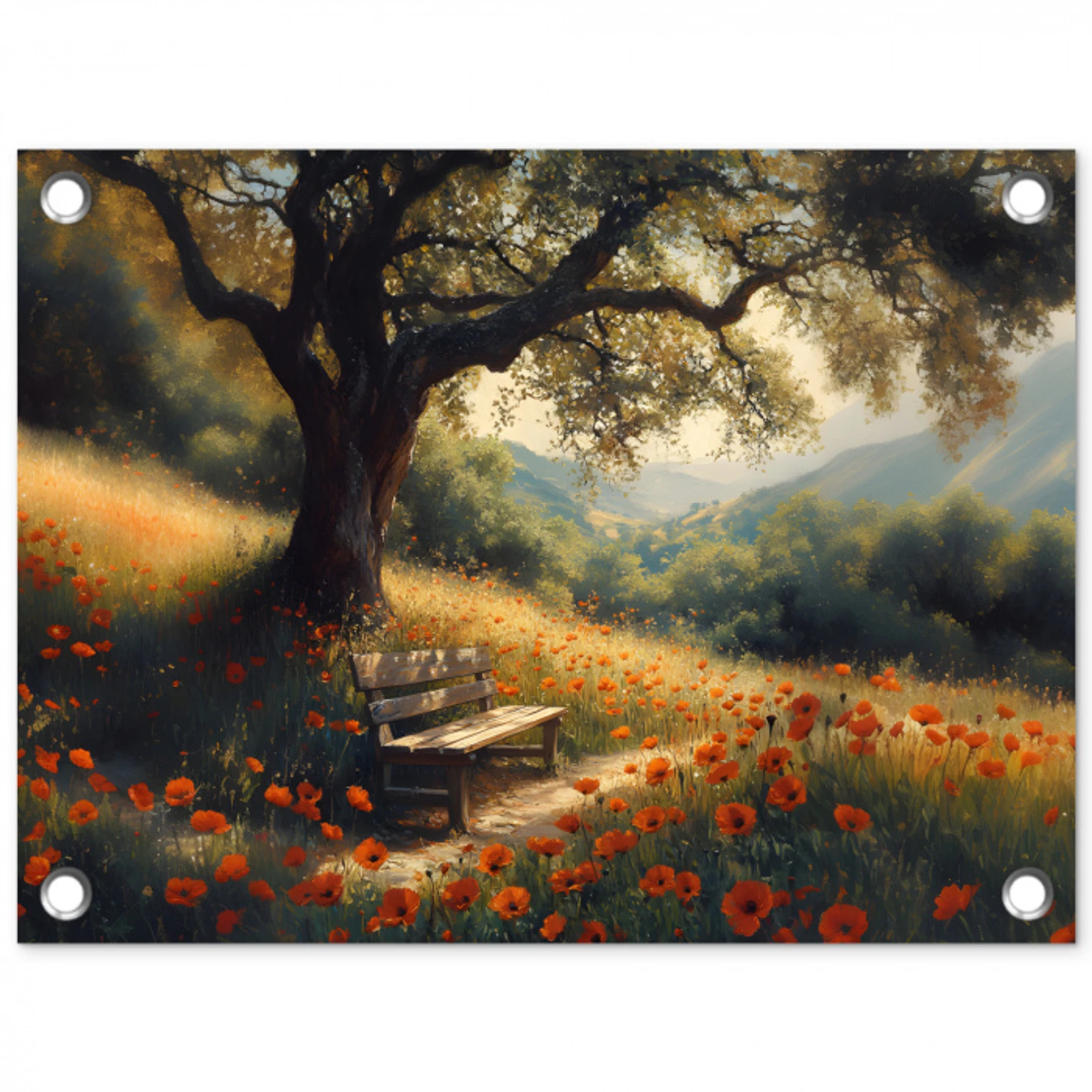 Bankje - Boom - Klaprozen - Heuvels tuinposter los doek klein -3d