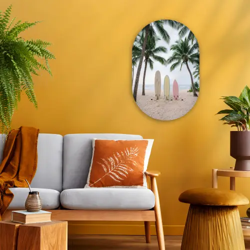 Surfboard - Palmbomen - Kleurrijk Wandcirkel Ovaal Forex klein -sfeer4