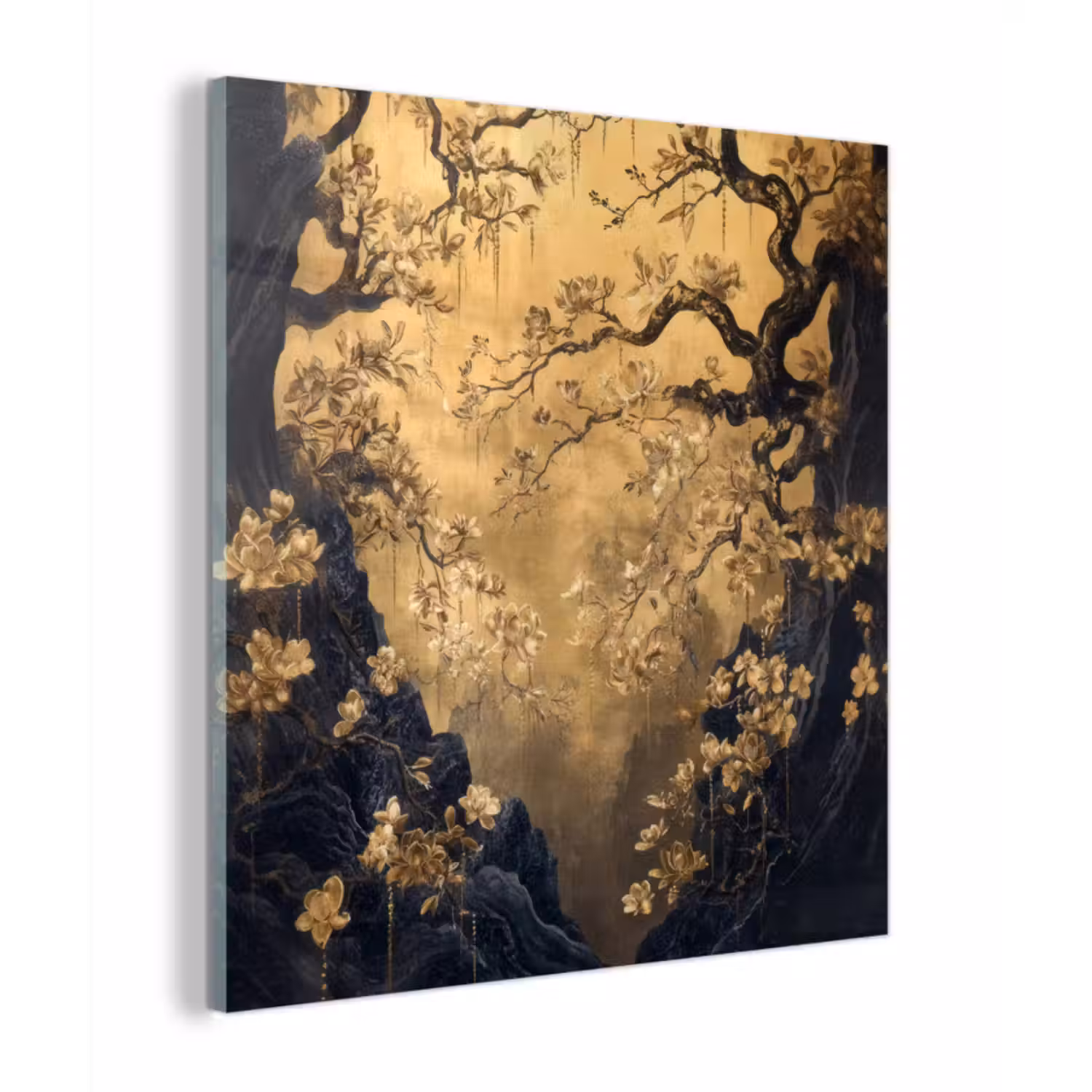 Glas schilderij - Bloemen - Takken - Goud - Sierlijk