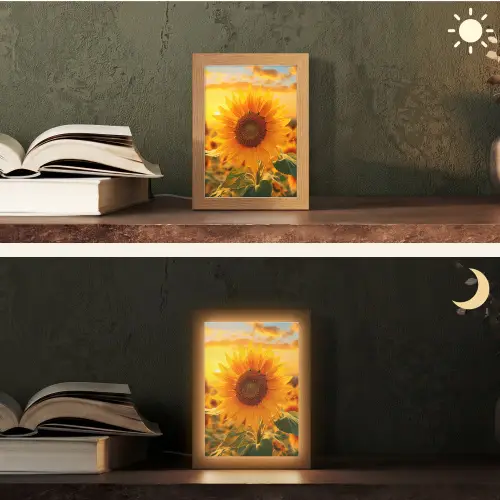 Zonnebloem - Bloemen - Geel - Bloemenveld met zonnebloemen Light Box met kabel (Tafellamp) klein -sfeer3