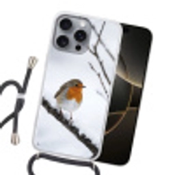Roodborstje - Tak - Sneeuw - Winter - Levendig Hoesje iPhone 16 Pro Max met koord klein -sfeer1
