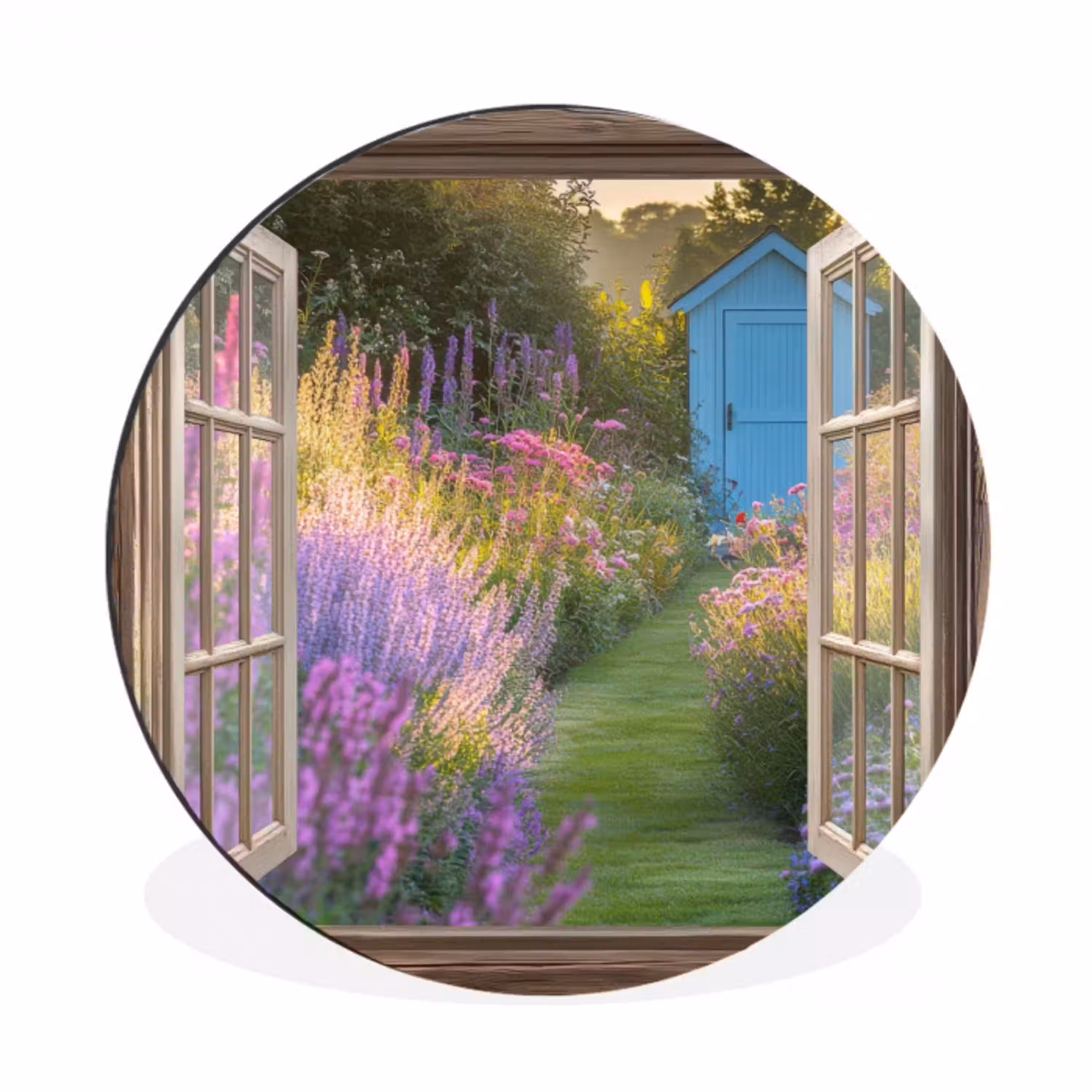 Doorkijk - Bloemen - Raam - Natuur Wandcirkel aluminium klein -3d