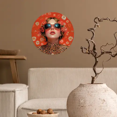 Vrouw - Kleurrijk - Dierenprint - Bloemen Wandcirkel behangsticker klein -sfeer1