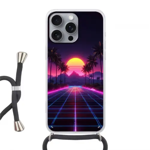 Horizon - Palmbomen - Bergen - Geel Hoesje iPhone 16 Pro Max met koord klein -3d