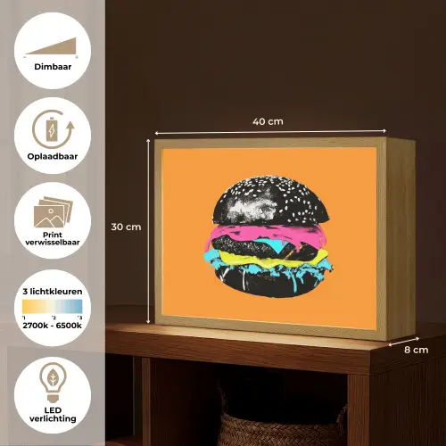 Hamburger - Oranje - Neon - popart Light Box met batterij (Wandlamp) middel -USP_websiteoverzichtNL