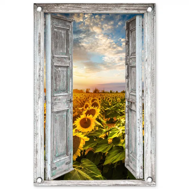 Oude deuren naar zonnebloemveld tuinposter los doek klein -3d