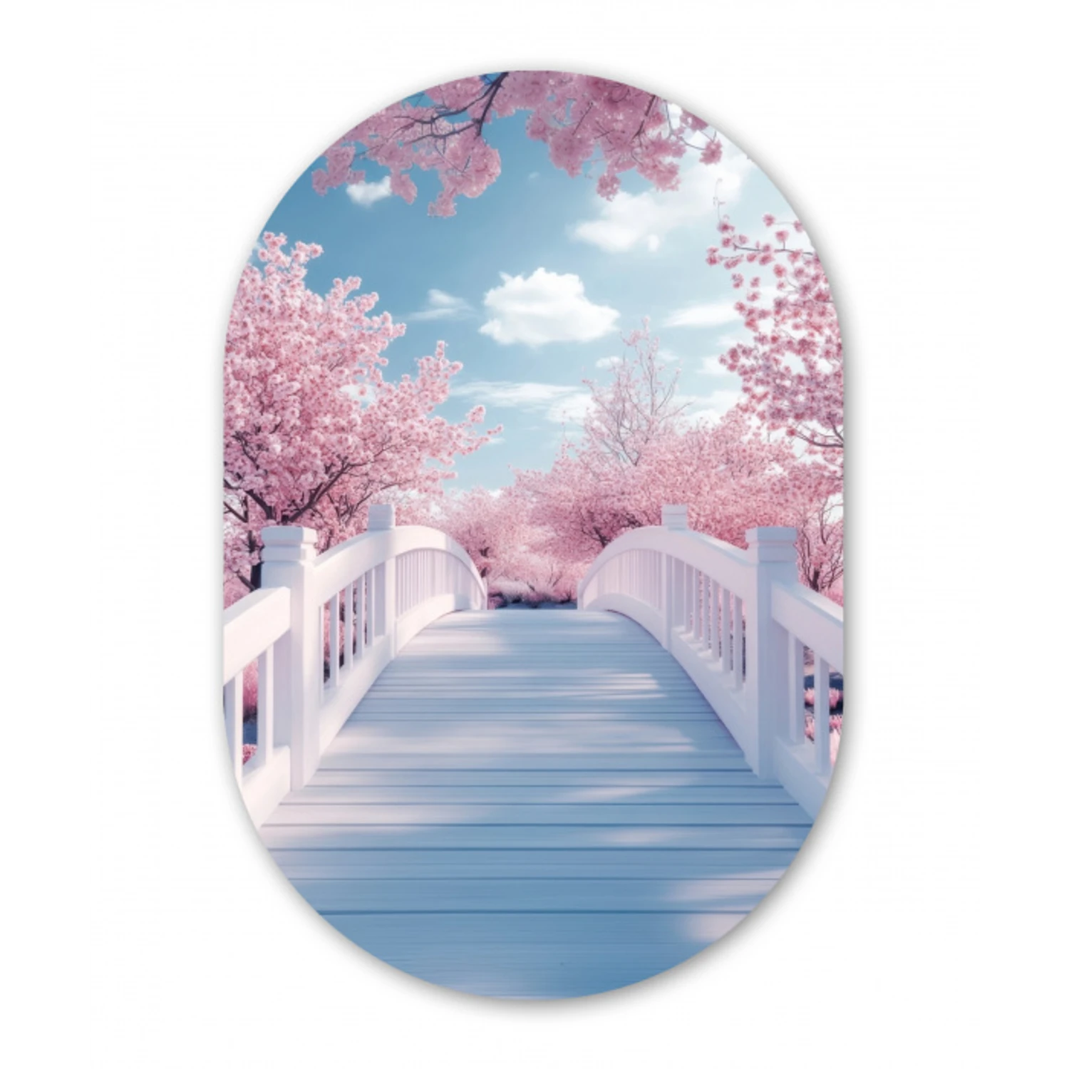 Brug - Kersenbomen - Wit Wandcirkel Ovaal Glas middel -3d
