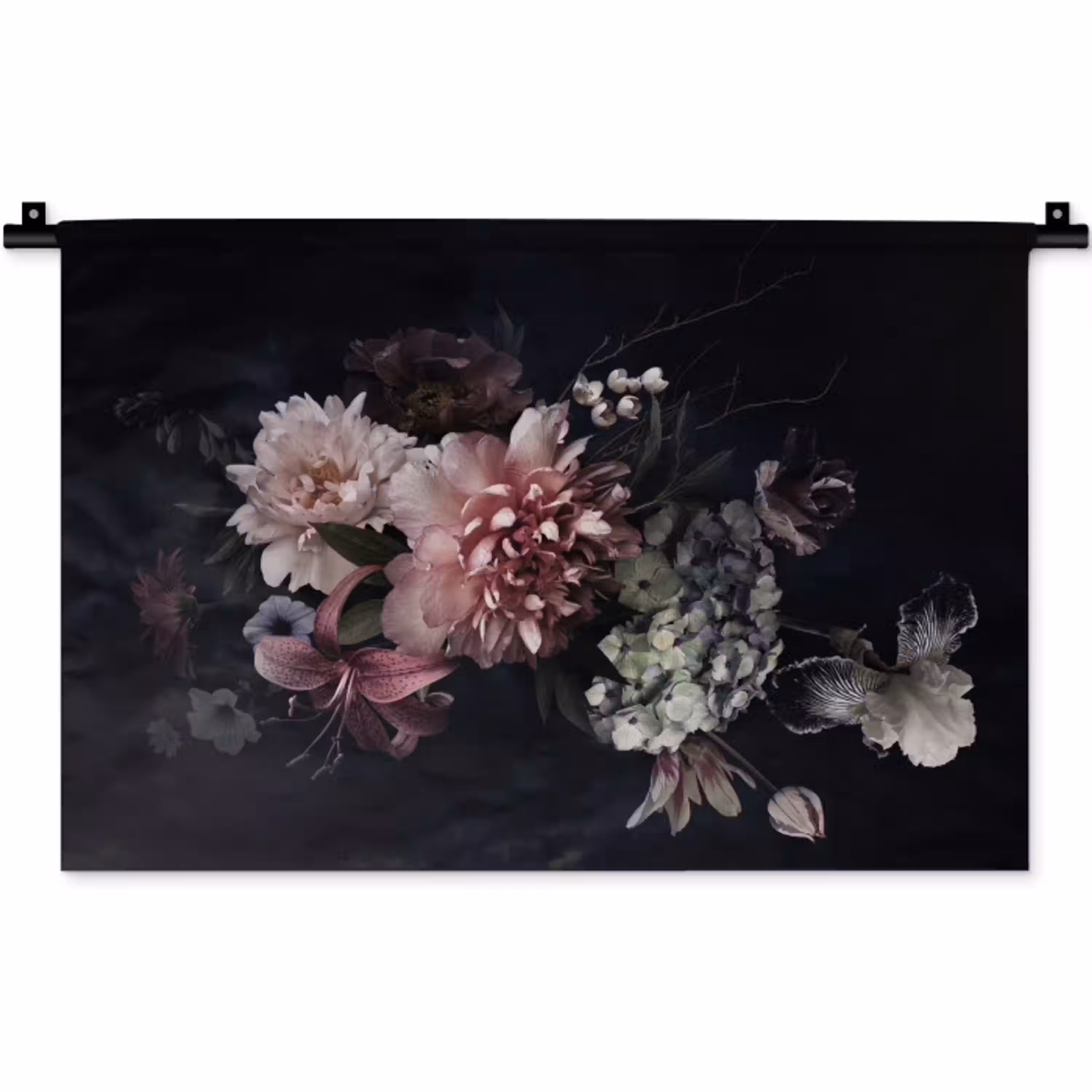 Bloemen - Vintage - Pastel - Zwart - Boeket Wandkleed katoen klein -zz3d
