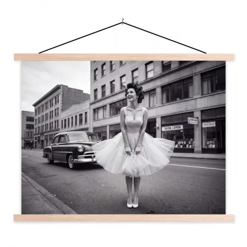 Retro - Vrouw - Zwart - Wit textielposter latten blank klein -3d