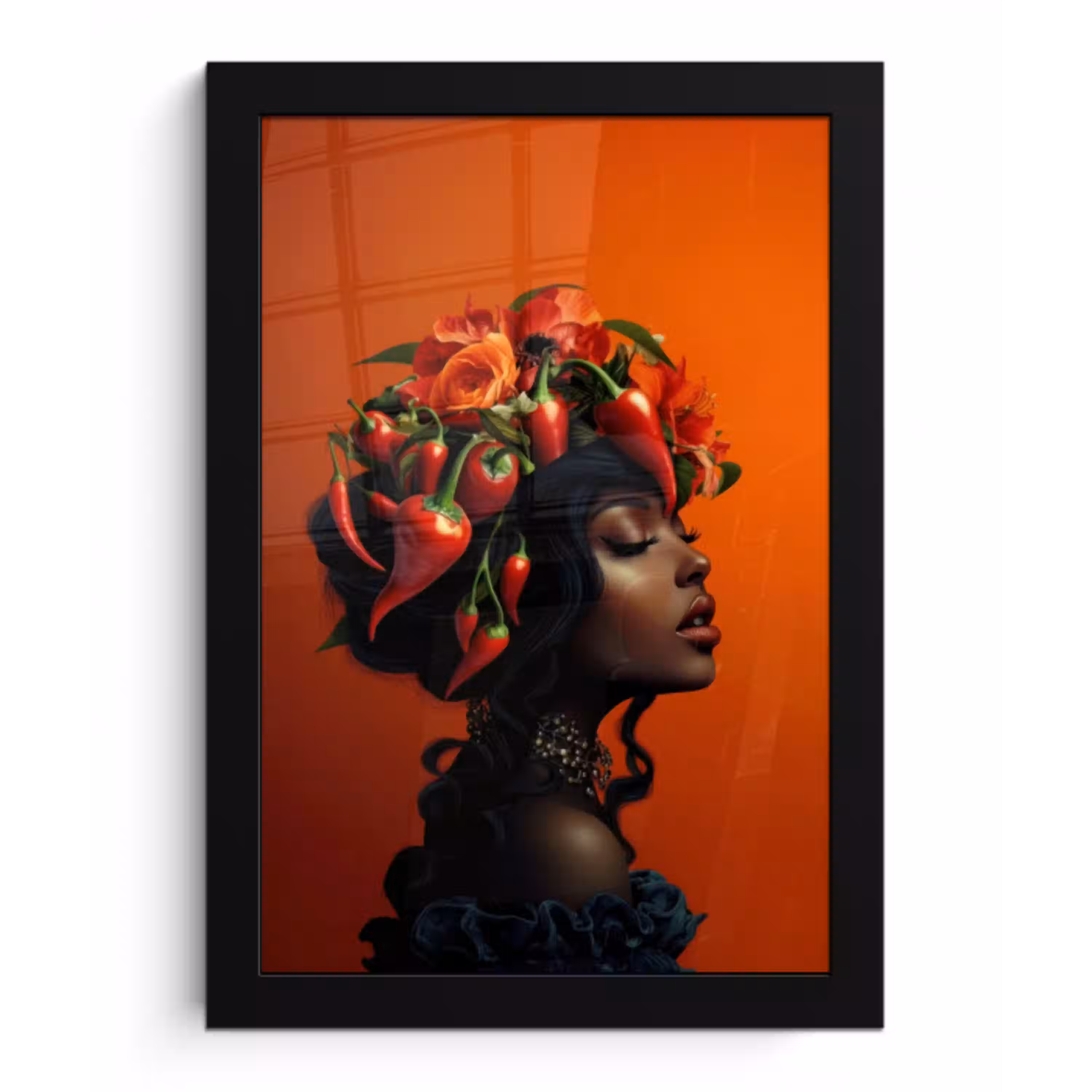 Vrouw - Chilipepers - Pepers - Bloemen fotolijst zwart zonder passe partout klein -3d