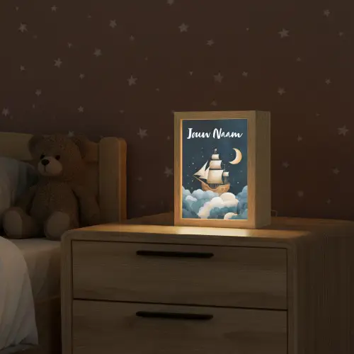 Zeilschip - Sterrenhemel - Wolken - Blauw Light Box met kabel (Kinderlampje) klein -sfeer1_kind
