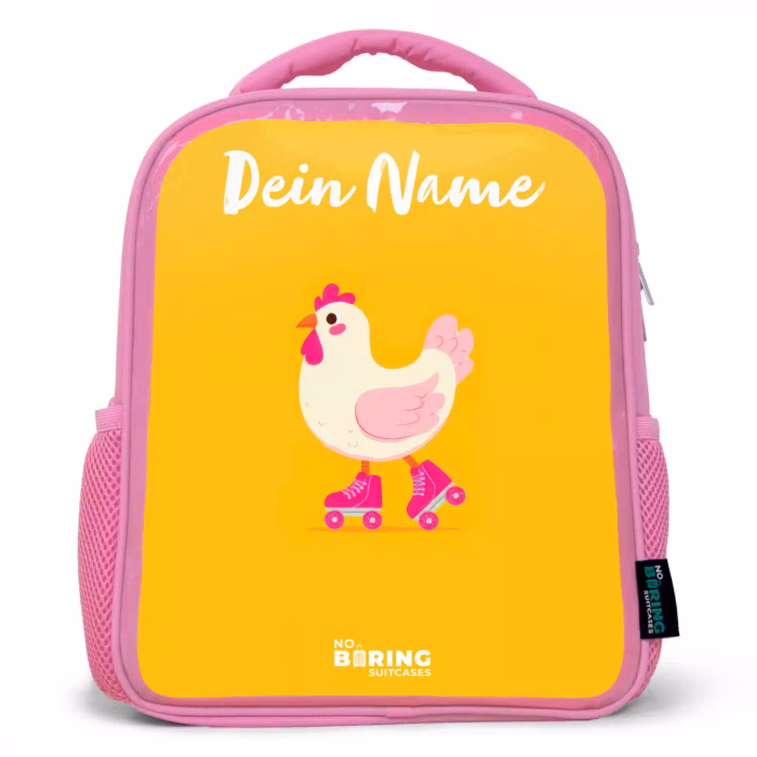Kip - Rolschaatsen - Geel Kinderrugzak - Roze middel -3d
