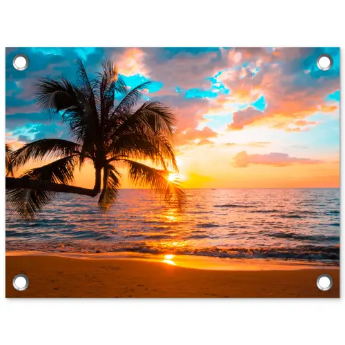 Palm - Zonsondergang - Horizon - Strand - Zee - Tropisch tuinposter los doek klein -3d