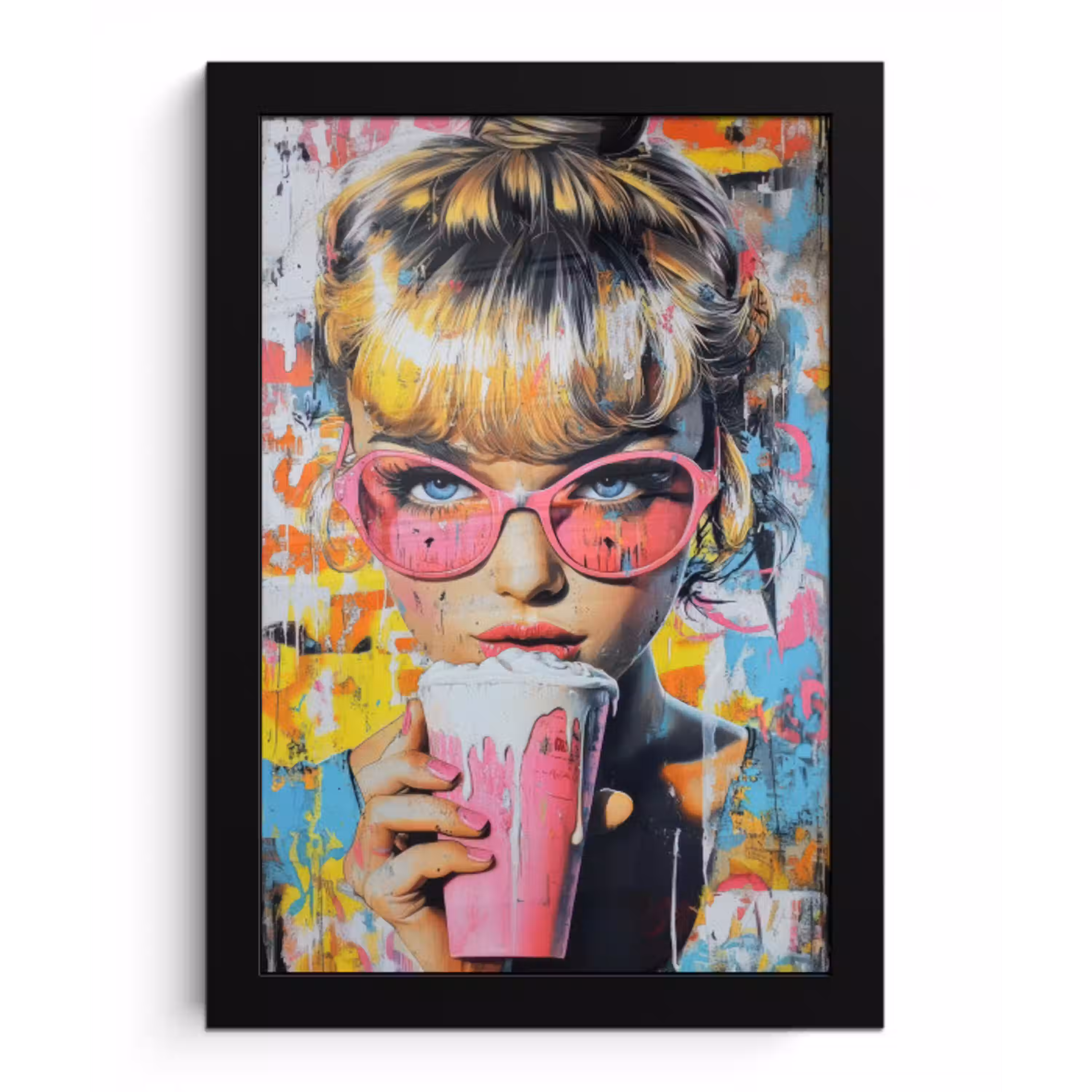 Expressief - Milkshake - Vrouw - Felle kleuren fotolijst zwart zonder passe partout klein -3d