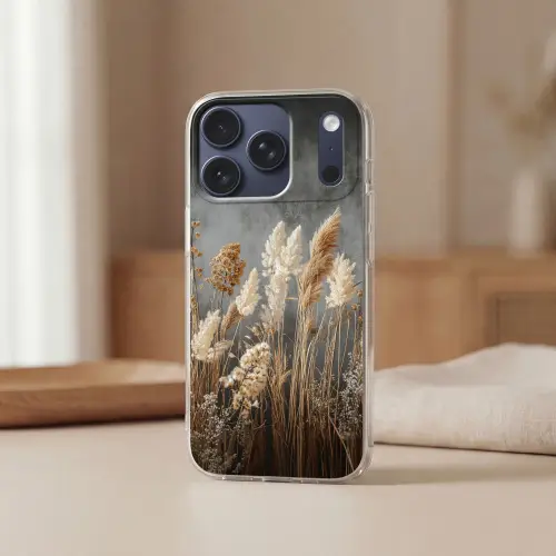 Gedroogde Veldbloemen - Grijs - Beton Telefoonhoesje iPhone 17 Pro klein -sfeer2