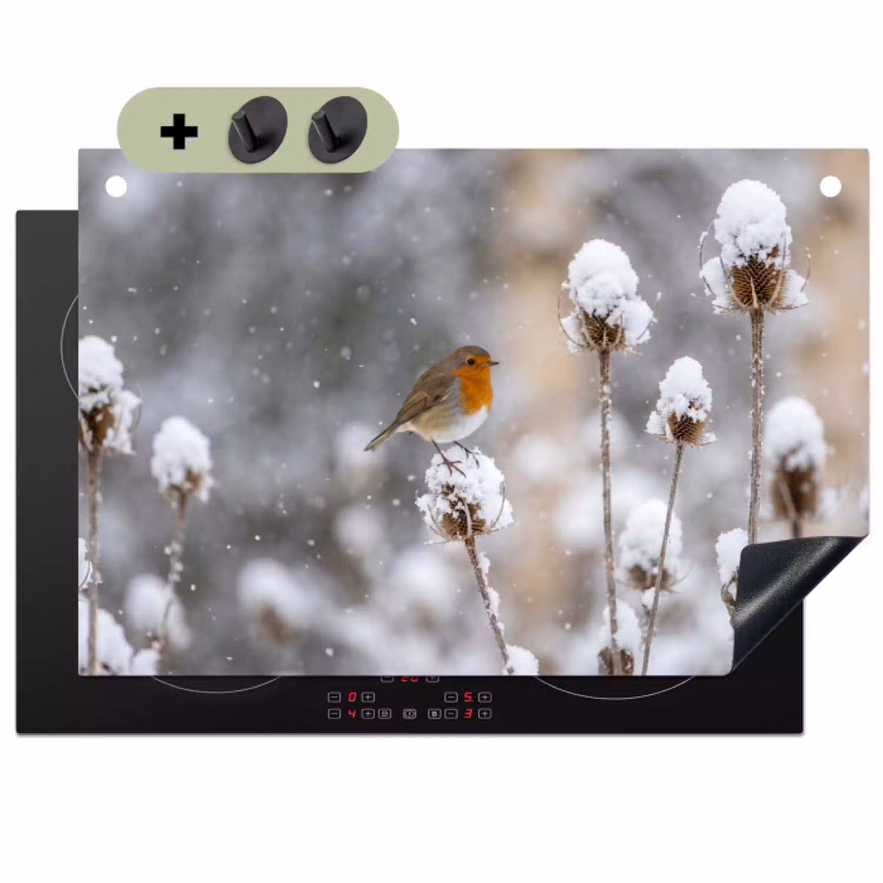 Roodborstje - Gedroogde bloem - Sneeuw - Winter - Vertederend Inductie beschemer met haakjes klein -3d
