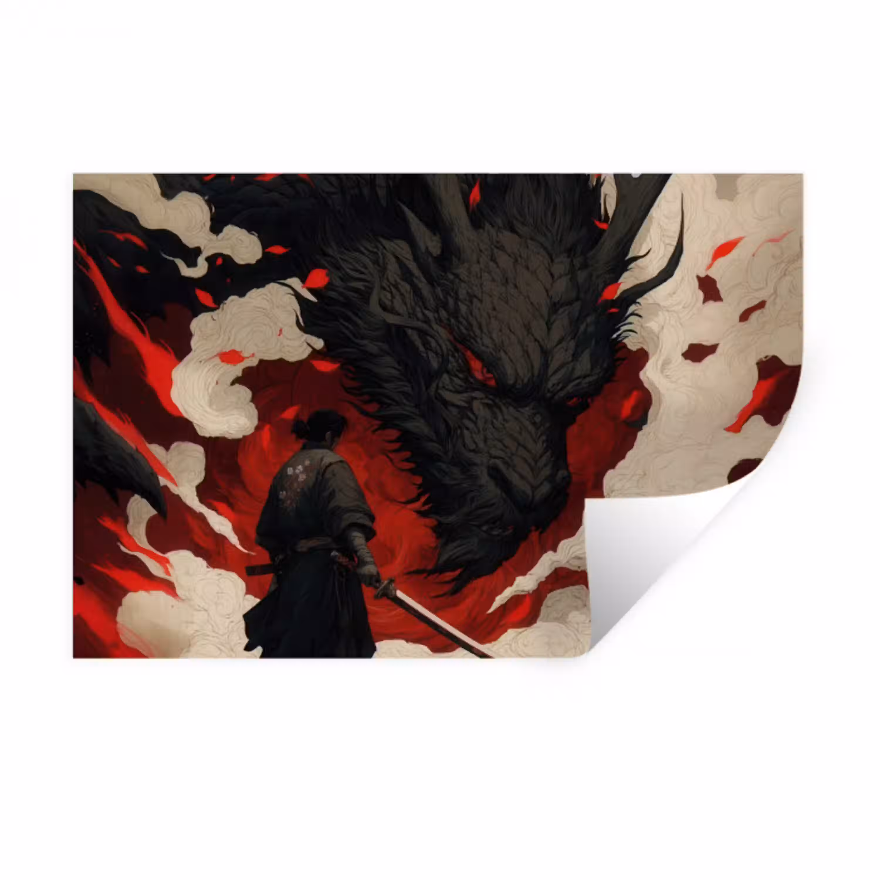 Krijger - Draak - Zwart - Rood - Rook Muursticker klein -3d