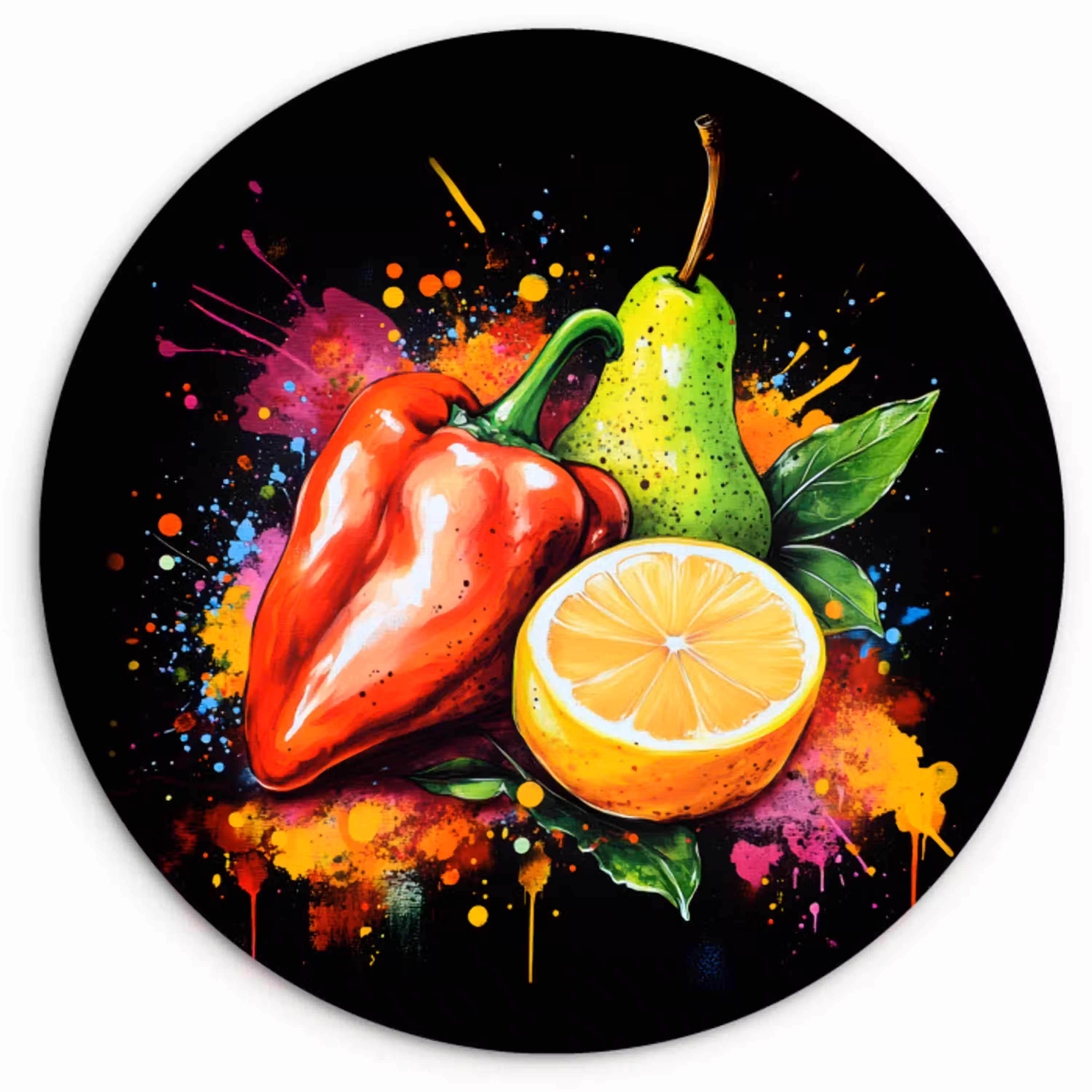 Paprika - Peer - Citroen - Graffiti - Verf - Abstract Wandcirkel kunststof plaat 5mm dik klein -3d