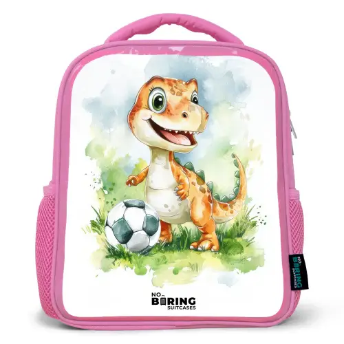Dino met voetbal in kleurrijk veld Kinderrugzak - Roze middel -3d