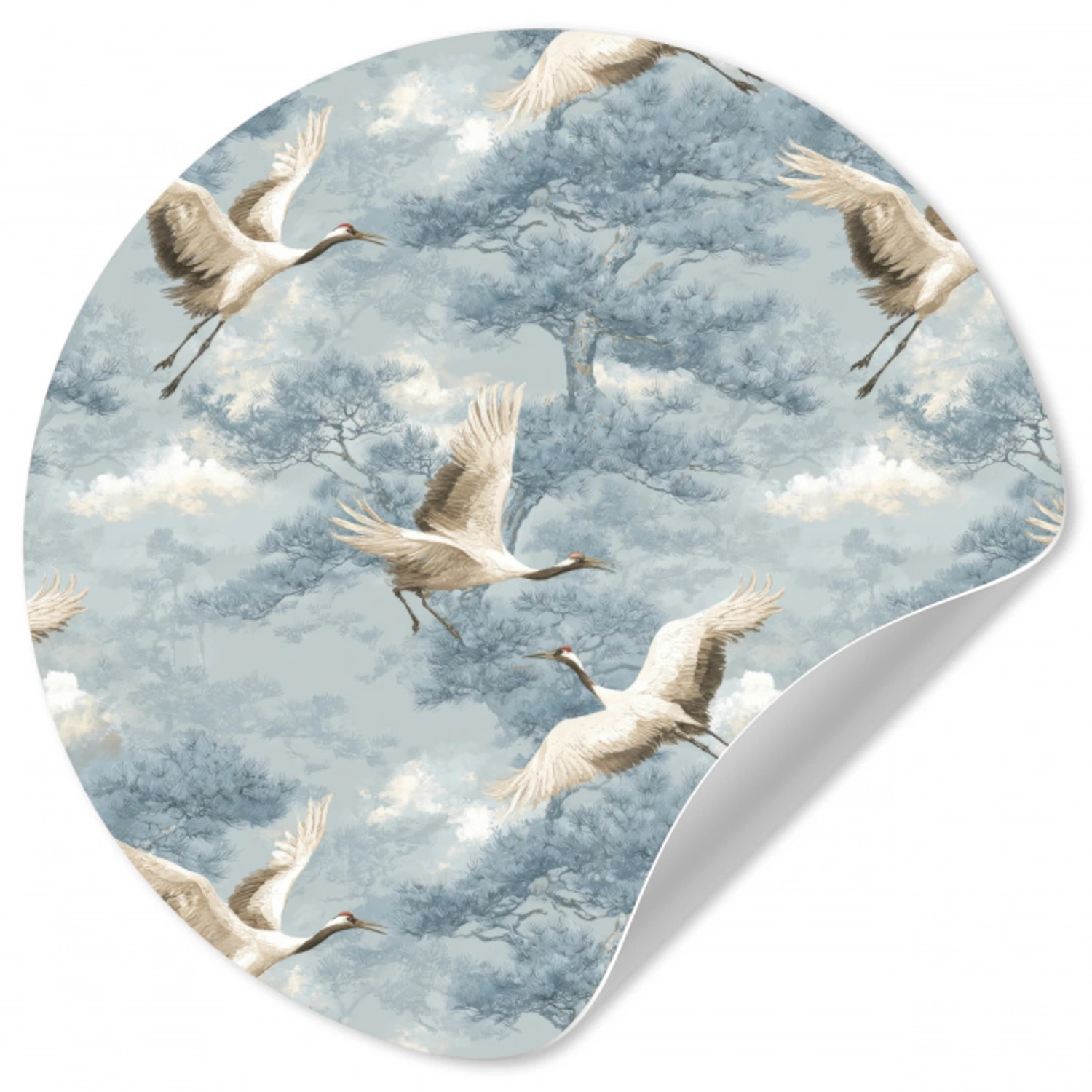 Wolken - Kraanvogels - Blauw Wandcirkel behangsticker klein 186 -3d