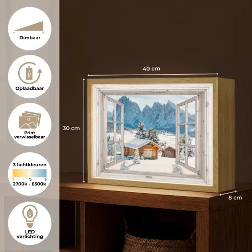 Winterlandschap - Huisje - Bergen - Uitzicht - Doorkijk - Natuur Light Box met batterij (Wandlamp) middel -USP_websiteoverzichtNL