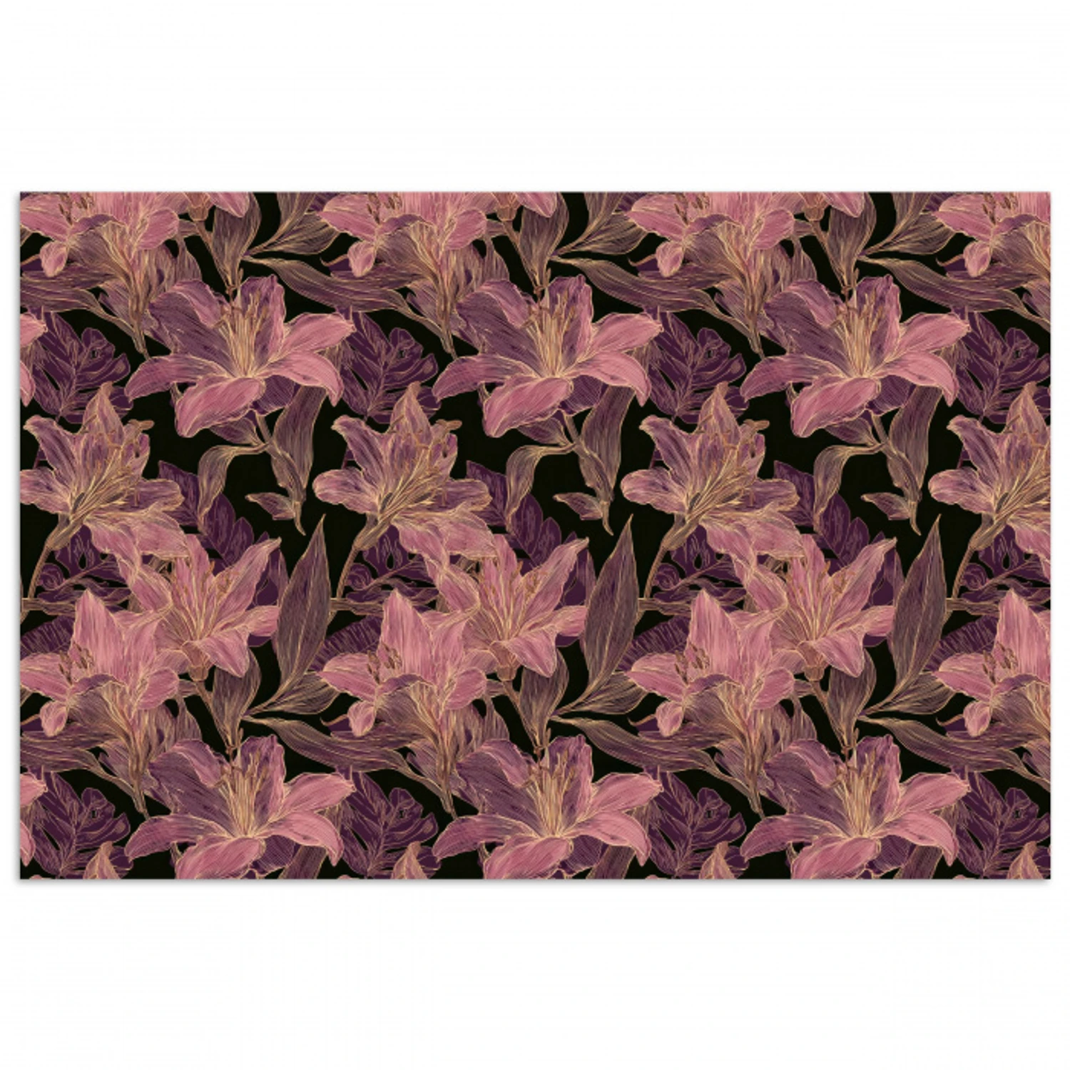 Lelies - Patroon - Paars - Goud poster papier klein 62 -3d