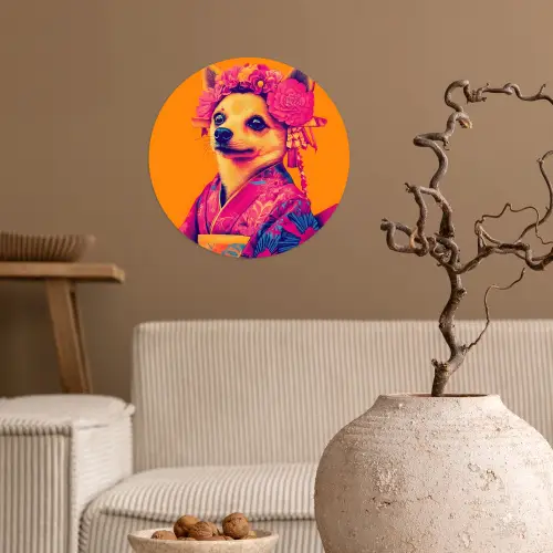 Kimono - Hondje - Bloemenkroon - Oranje Wandcirkel behangsticker klein -sfeer1