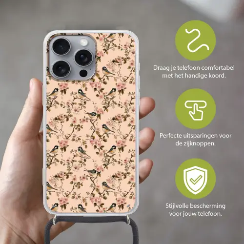 Bloesem - Koolmees - Roze Hoesje iPhone 16 Pro Max met koord klein 804 -sfeer2_NL