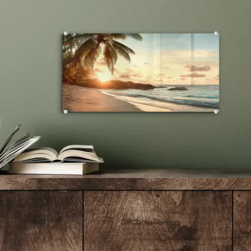Strand - Palmbomen - Oceaan - Zonsondergang plexiglas 5mm klein -sfeer3