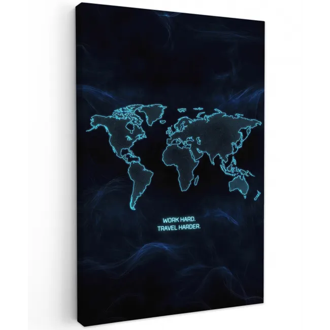 Digitaal - Wereldkaart - Blauw - Quote Tuinposter op houten frame 2 cm dik middel -3d