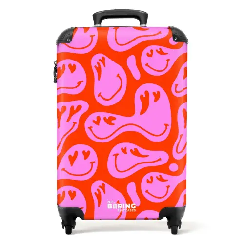 Abstracte smileyfiguren met hartogen op rood en roze NBS - Handbagage koffer - Kinderen Unisex middel -productfoto_recht