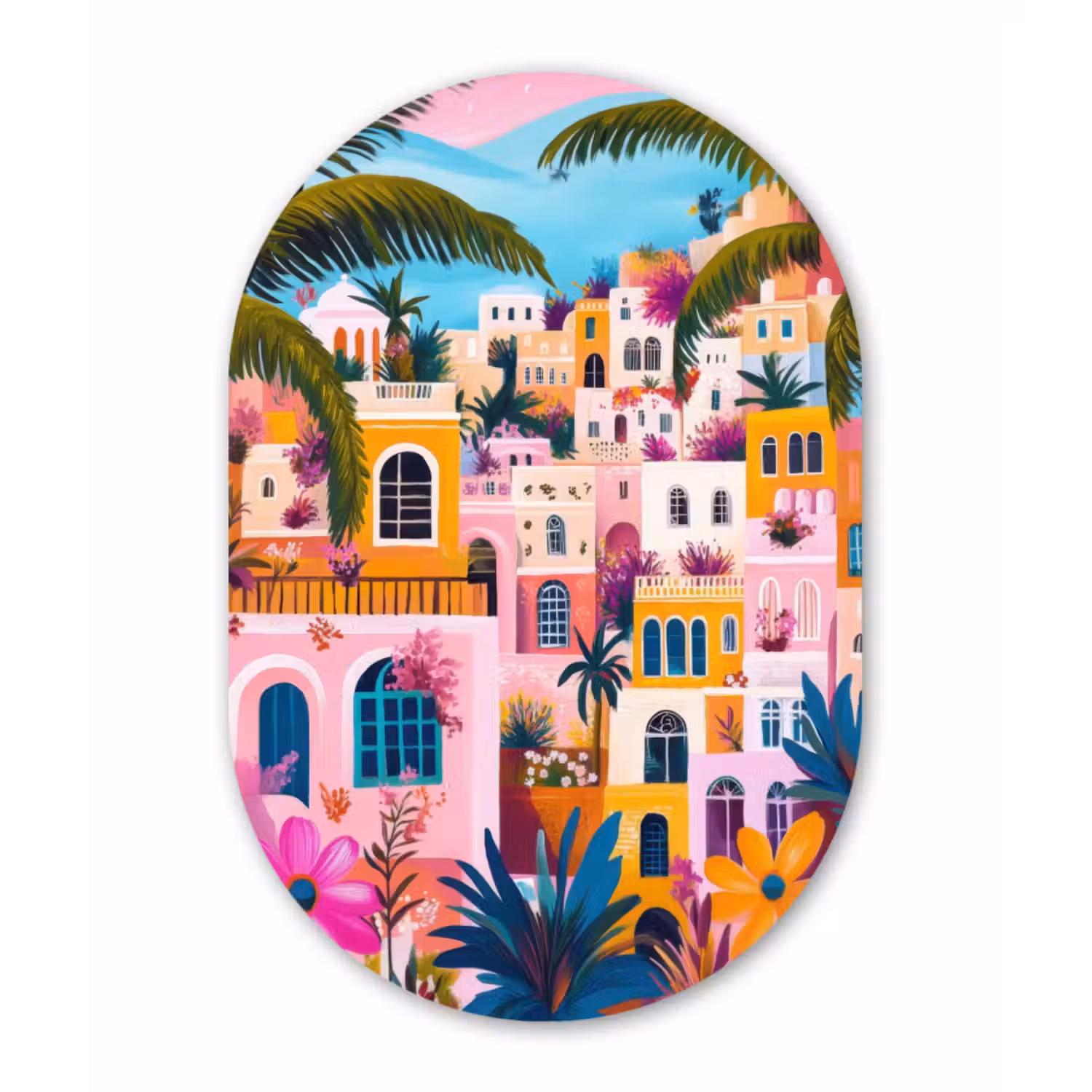 Glasbild Oval - Bunt - Rosa - Orange - Gelb - Blumen