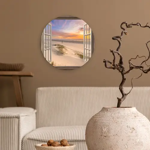 Doorkijk - Strand - Duinen - Natuur - Landschap Wandcirkel kunststof plaat 5mm dik klein -sfeer1