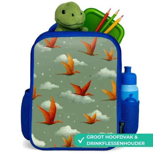 Dinosaurussen - Wolken - Sterren - Oranje Kinderrugzak - Blauw middel -inhoud_NL