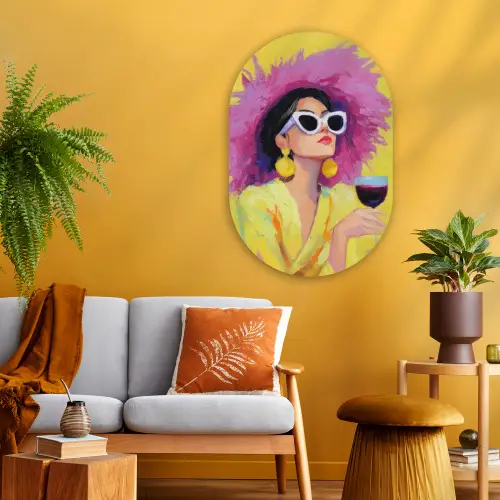 Vrouw - Hoed - Paars - Wijn Wandcirkel Ovaal Glas middel -sfeer4