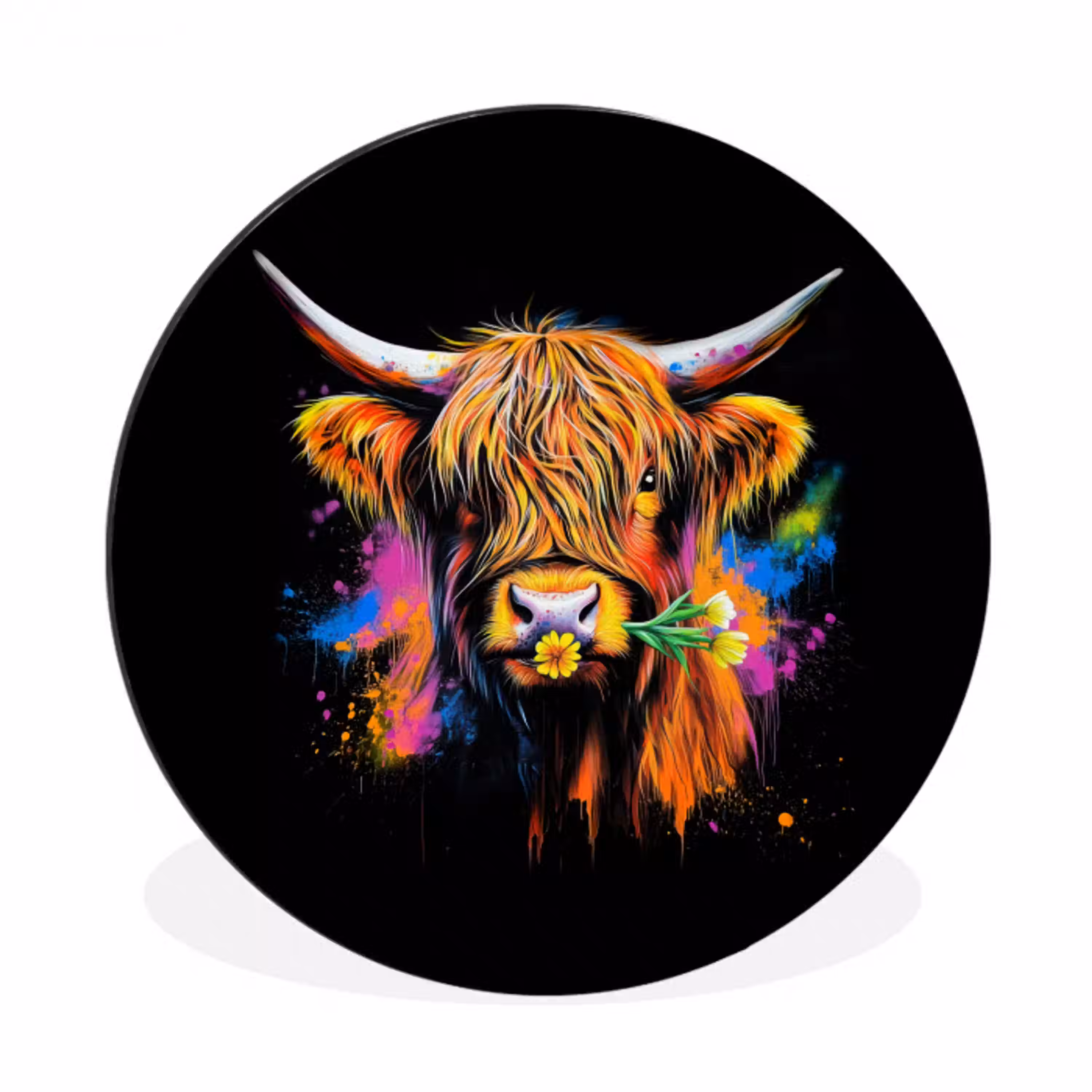 Schotse Hooglander - Graffiti - Kleurrijk - Bloem - Dieren Wandcirkel aluminium klein -3d