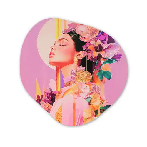 Vrouw - Bloemen - Paars - Abstract Wandcirkel Organisch Plexiglas middel -3d