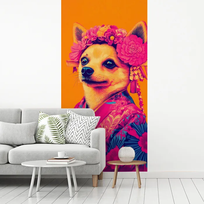 Kimono - Hondje - Bloemenkroon - Oranje fotobehang vinyl groot -woonkamer