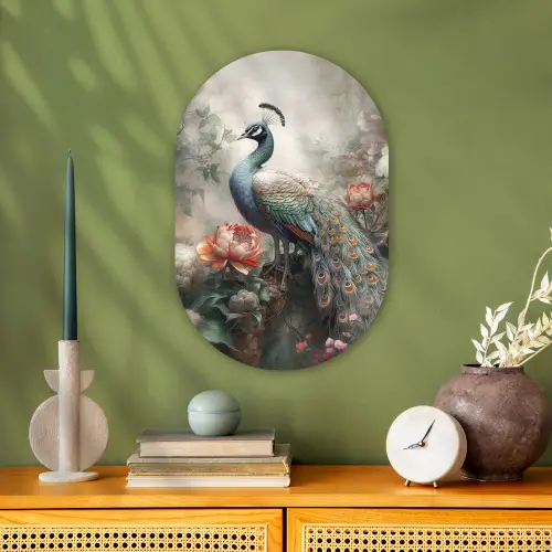 Pauw - Pauwenveren - Vogel - Jungle - Bloemen Wandcirkel Ovaal Forex klein -sfeer2