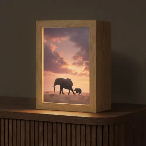 Olifanten - Grasland - Zonsondergang Light Box met kabel (Tafellamp) klein -z3d_website