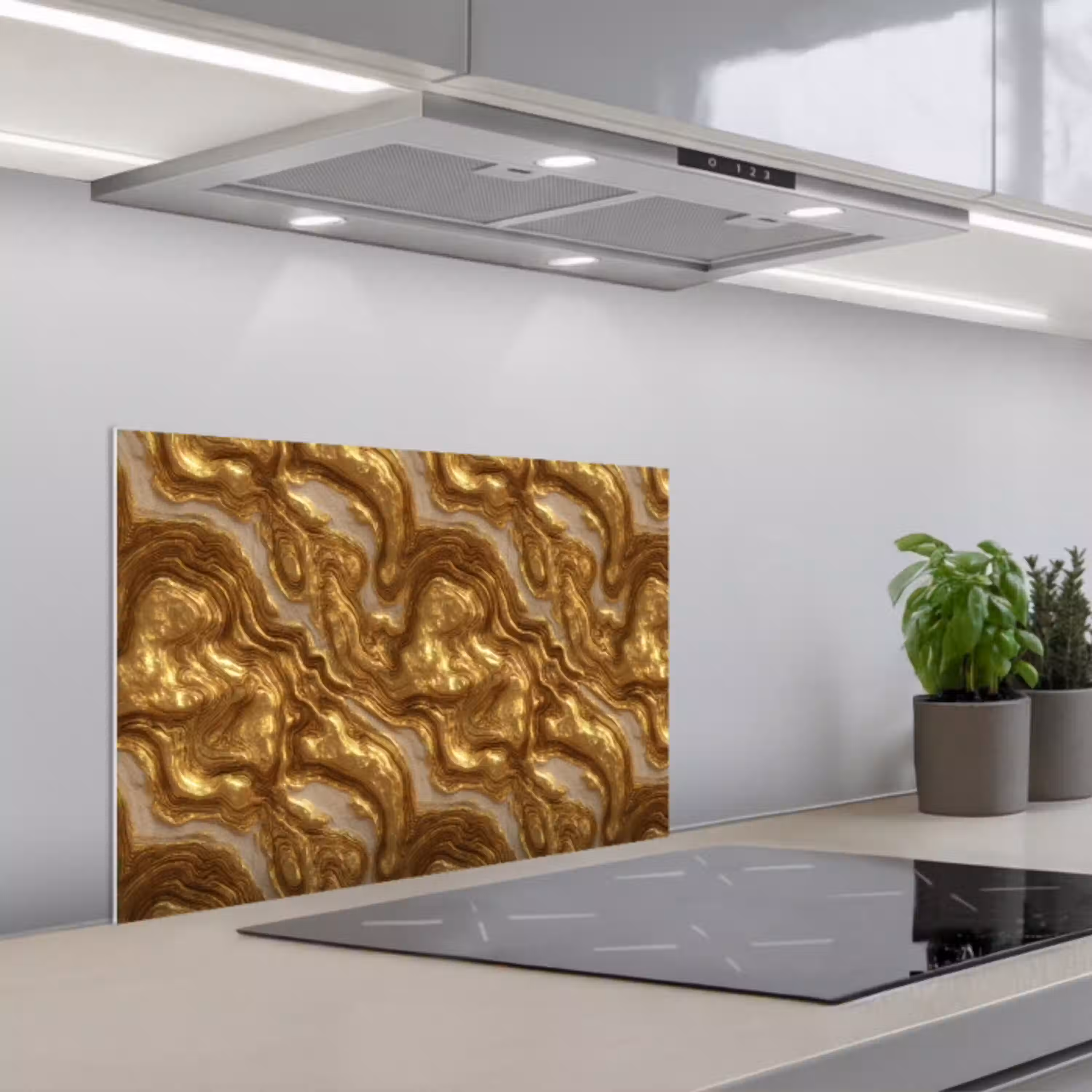 Golven - Organisch - Goud - Crème keuken achterwand spatscherm klein 900 -3d_schuin