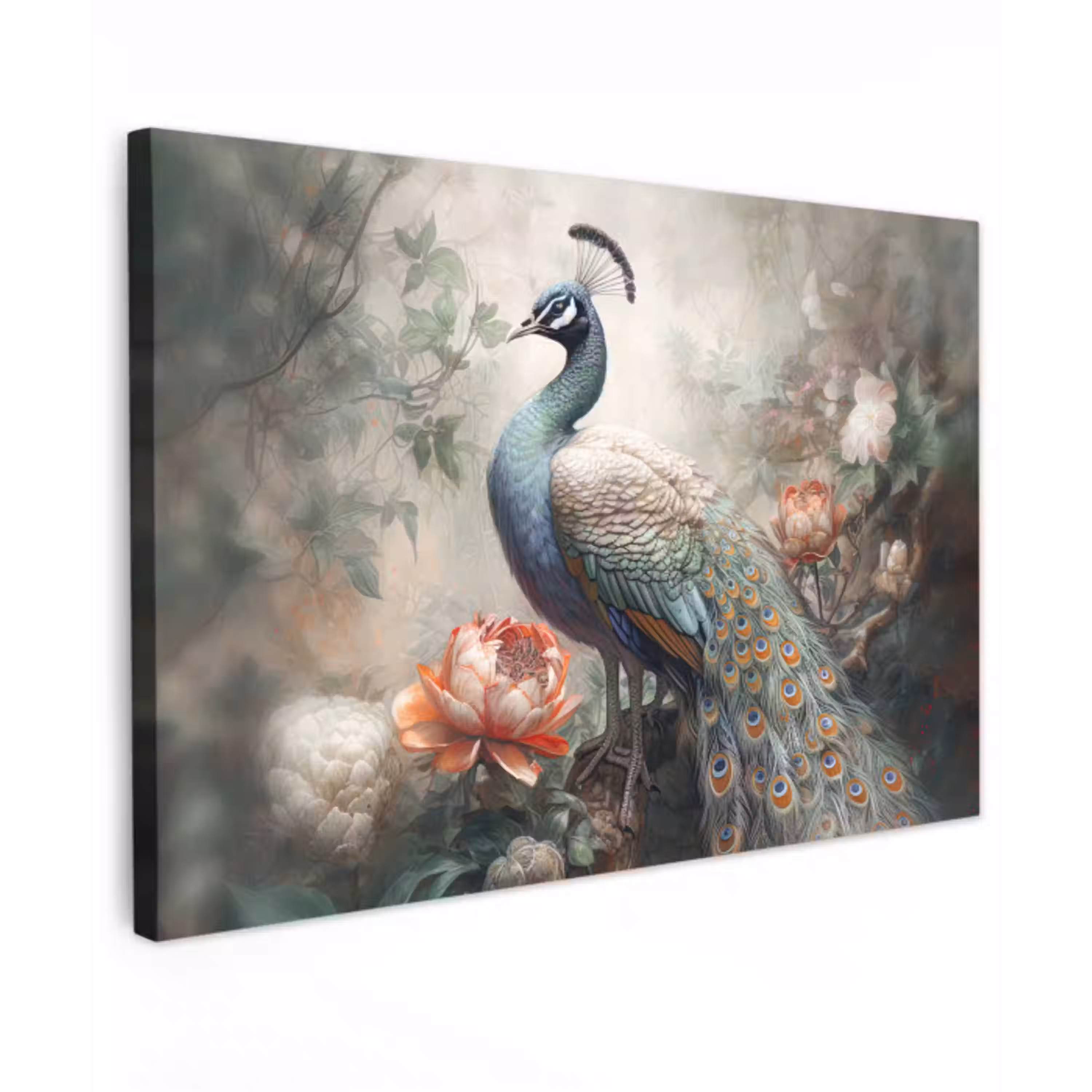 Pauw - Pauwenveren - Vogel - Jungle - Bloemen canvas 2cm klein -z3d