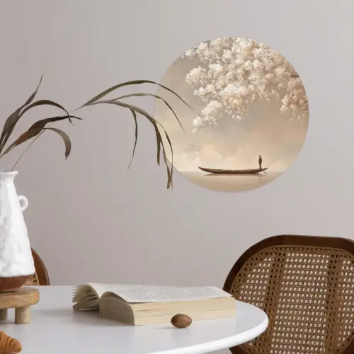 Bloesems - Wit - Boot - Minimalistisch Wandcirkel behangsticker klein -sfeer3