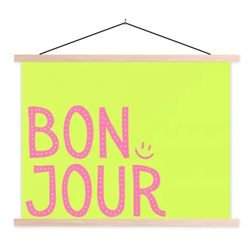 Groen - Smiley - Bonjour - Roze textielposter latten blank klein -3d