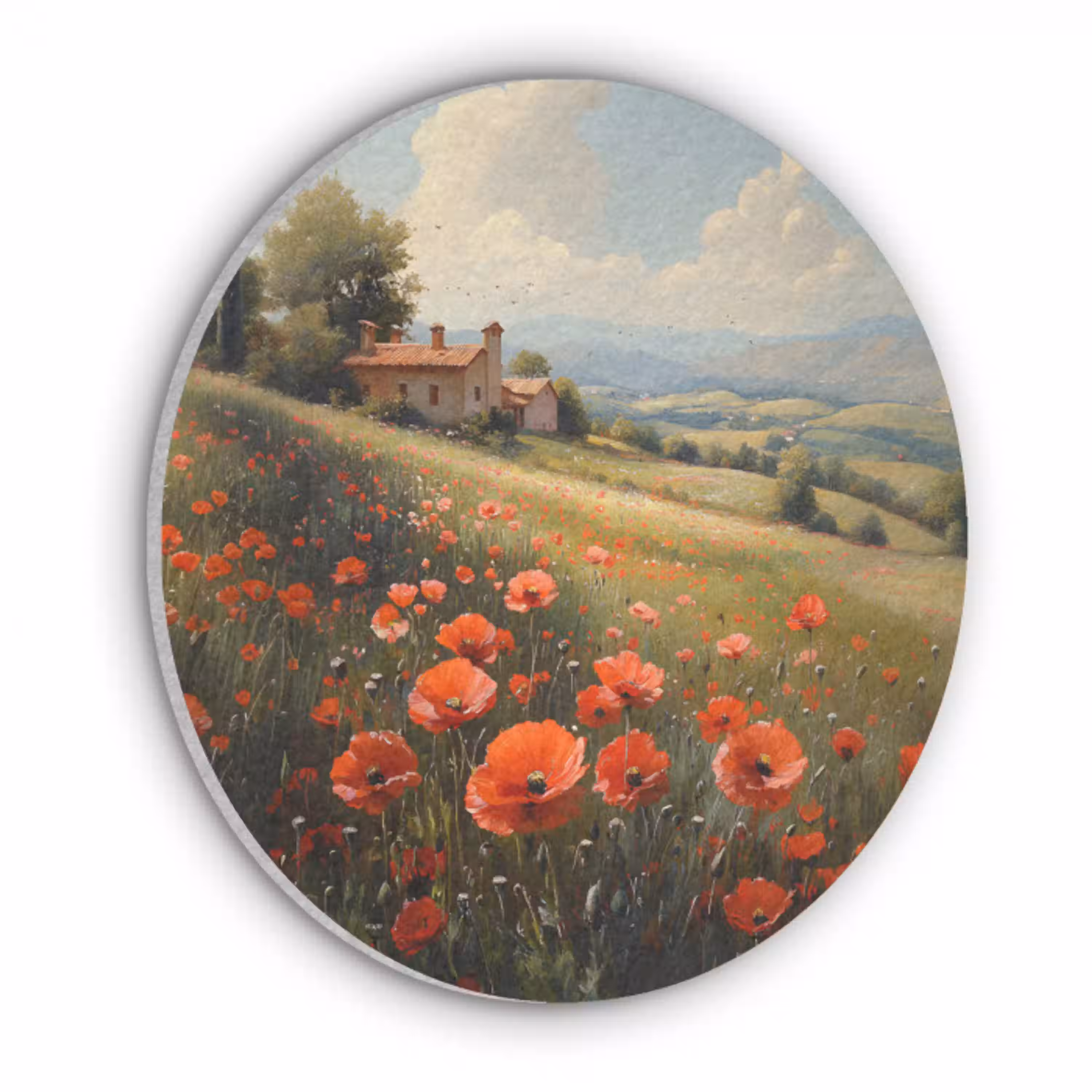 Klaprozen - Rood - Heuvels - Landschap Akoestische PET Vilt - Rond klein -3d