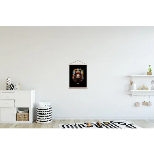 Chimpansee met koptelefoon en graffiti-spray textielposter latten blank klein -kinderkamer