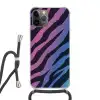 Tijgerprint - Blauw - Paars - Kleurrijk Hoesje iPhone 12 Pro met koord klein -3d